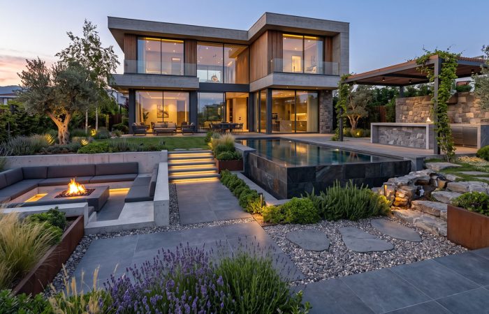 2026 peyzaj tasarım trendlerini yansıtan modern İzmir villa bahçesi
