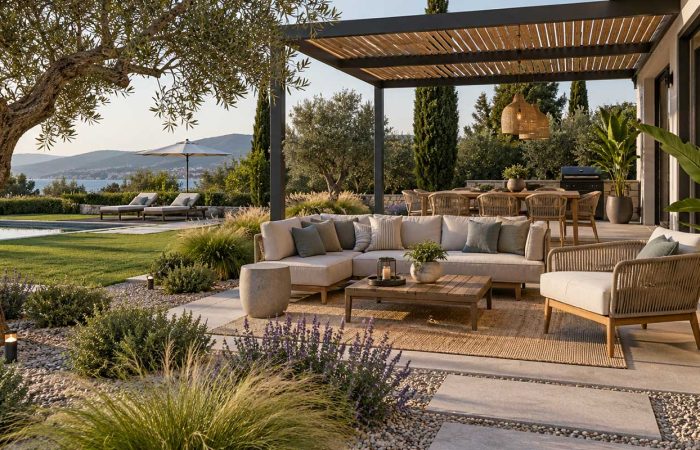 İzmir villa bahçesinde outdoor living yaşam alanı